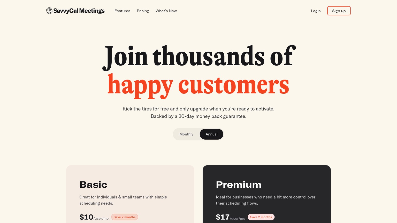 SavvyCal pricing page showing Basic and Premium plans