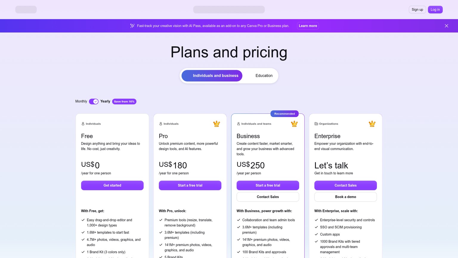 Canva pricing page showing Free, Pro, Business, and Enterprise plans