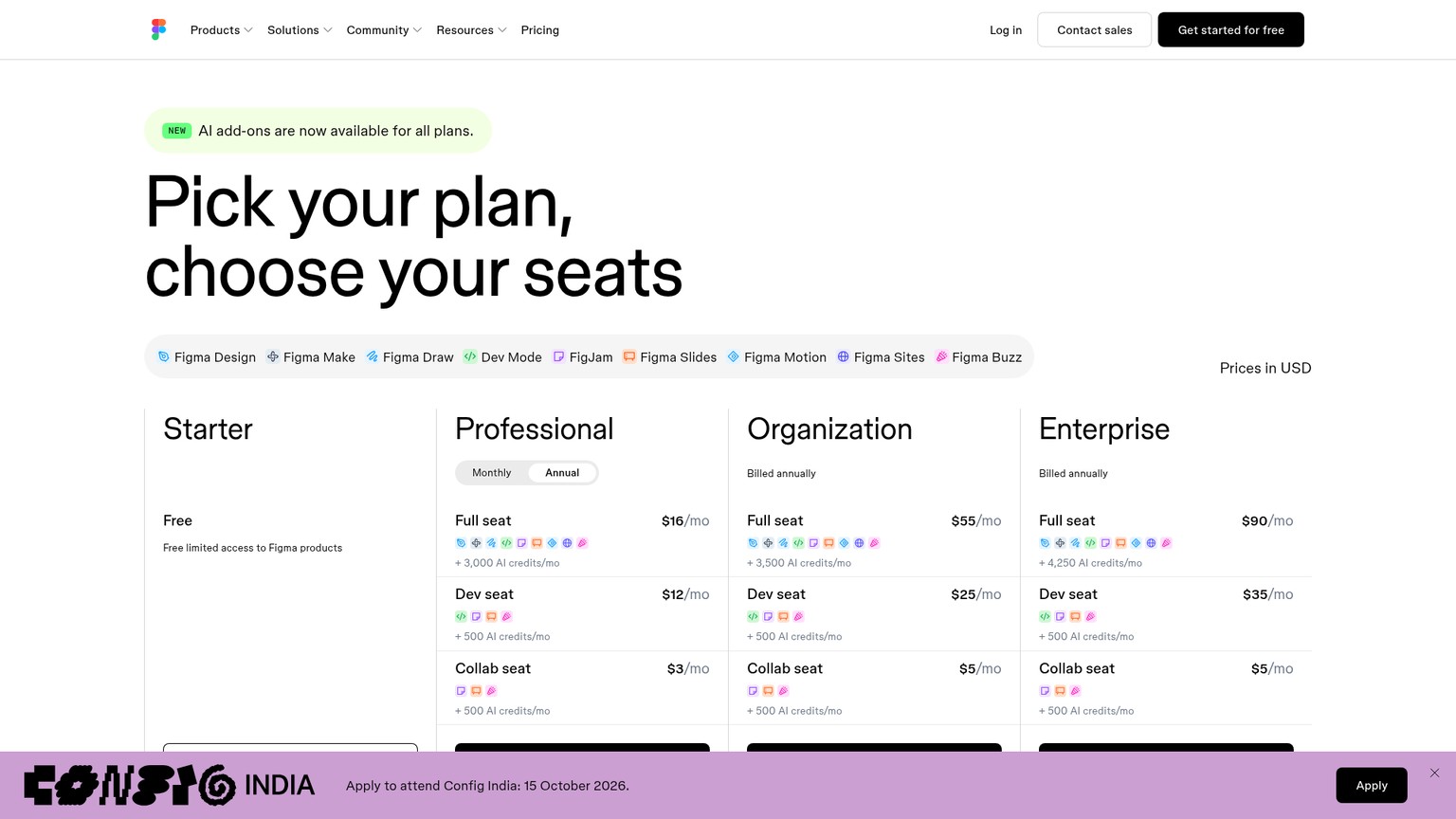 Figma pricing page showing Starter, Professional, Organization, and Enterprise seat types