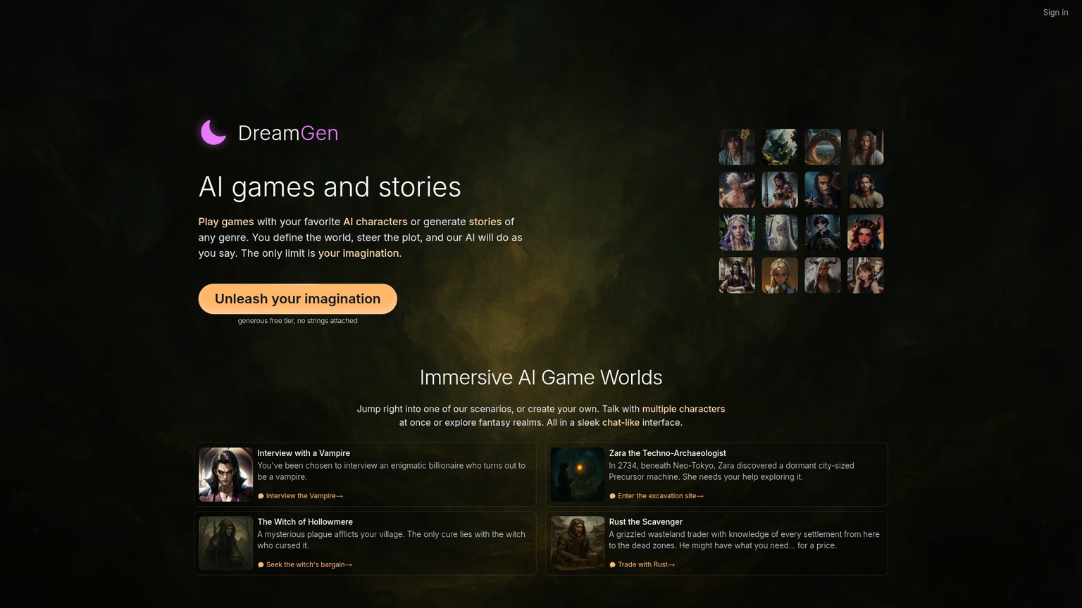 الصفحة الرئيسية لألعاب وقصص DreamGen المدعومة بالذكاء الاصطناعي