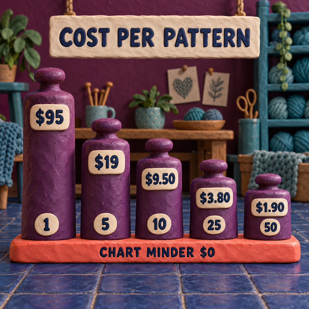 Column chart showing Stitchmastery's cost per pattern falling as one lifetime licence is spread across more patterns