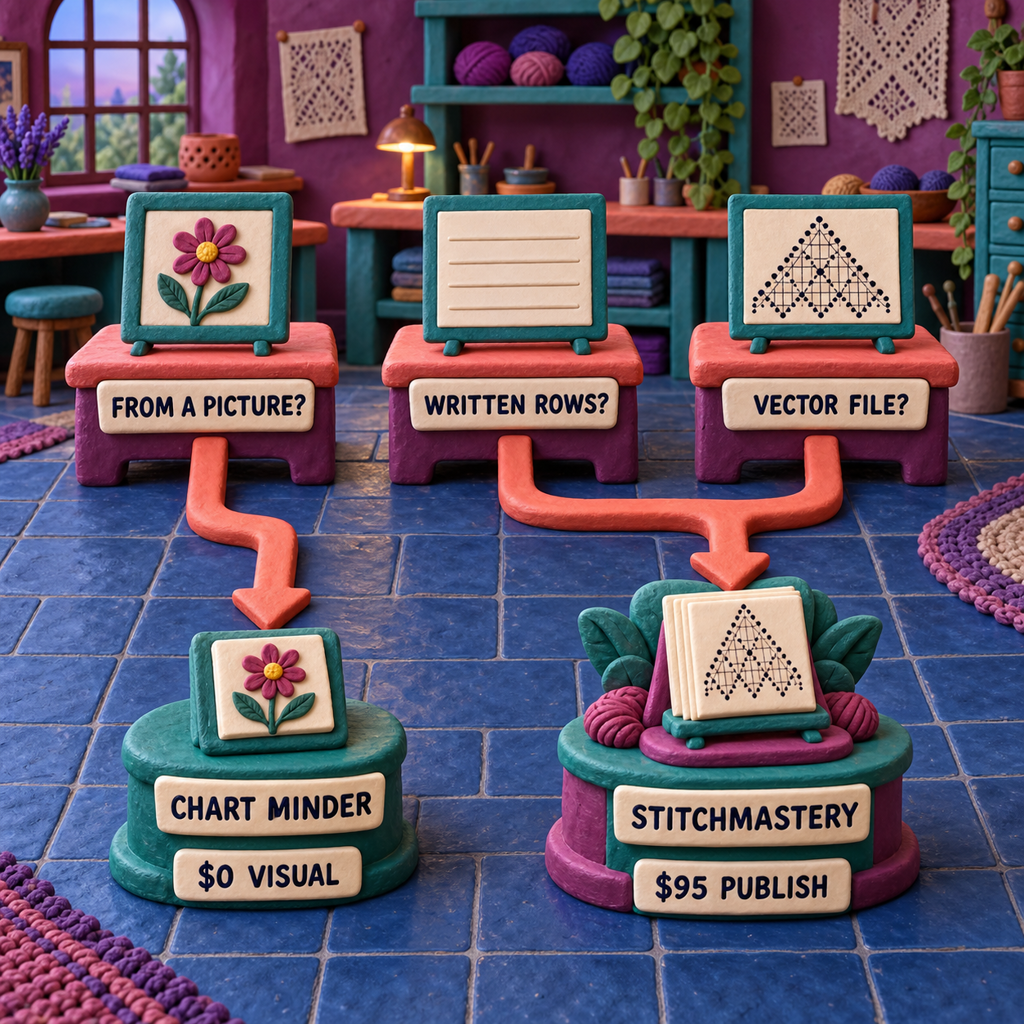 Decision flow routing visual picture charts to Chart Minder and written-row or vector deliverables to Stitchmastery