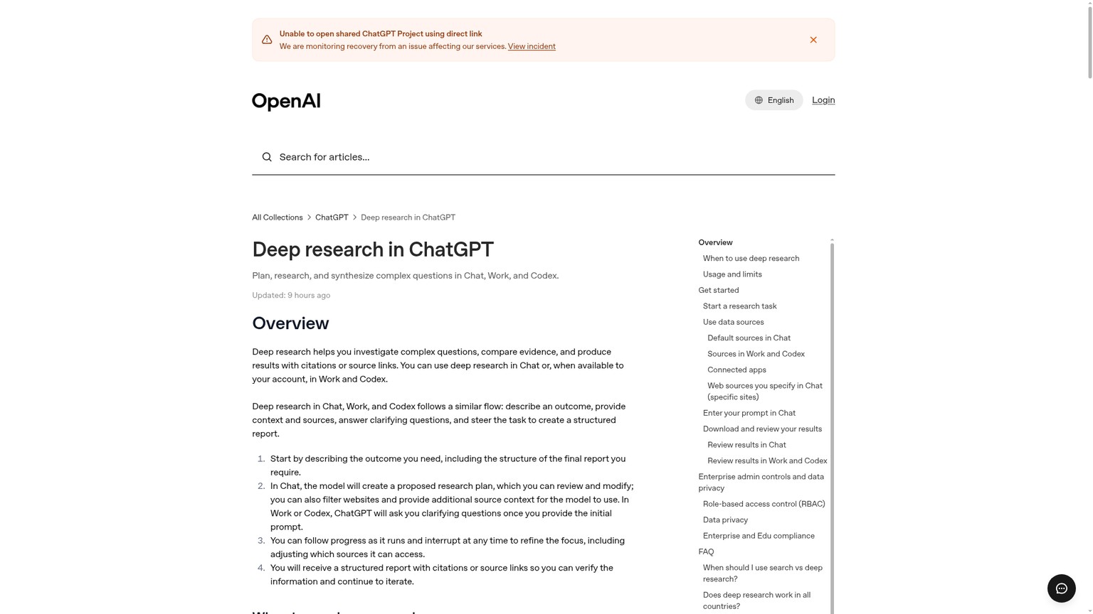 Página de ajuda da OpenAI explicando o Deep Research no Chat, no Work e no Codex