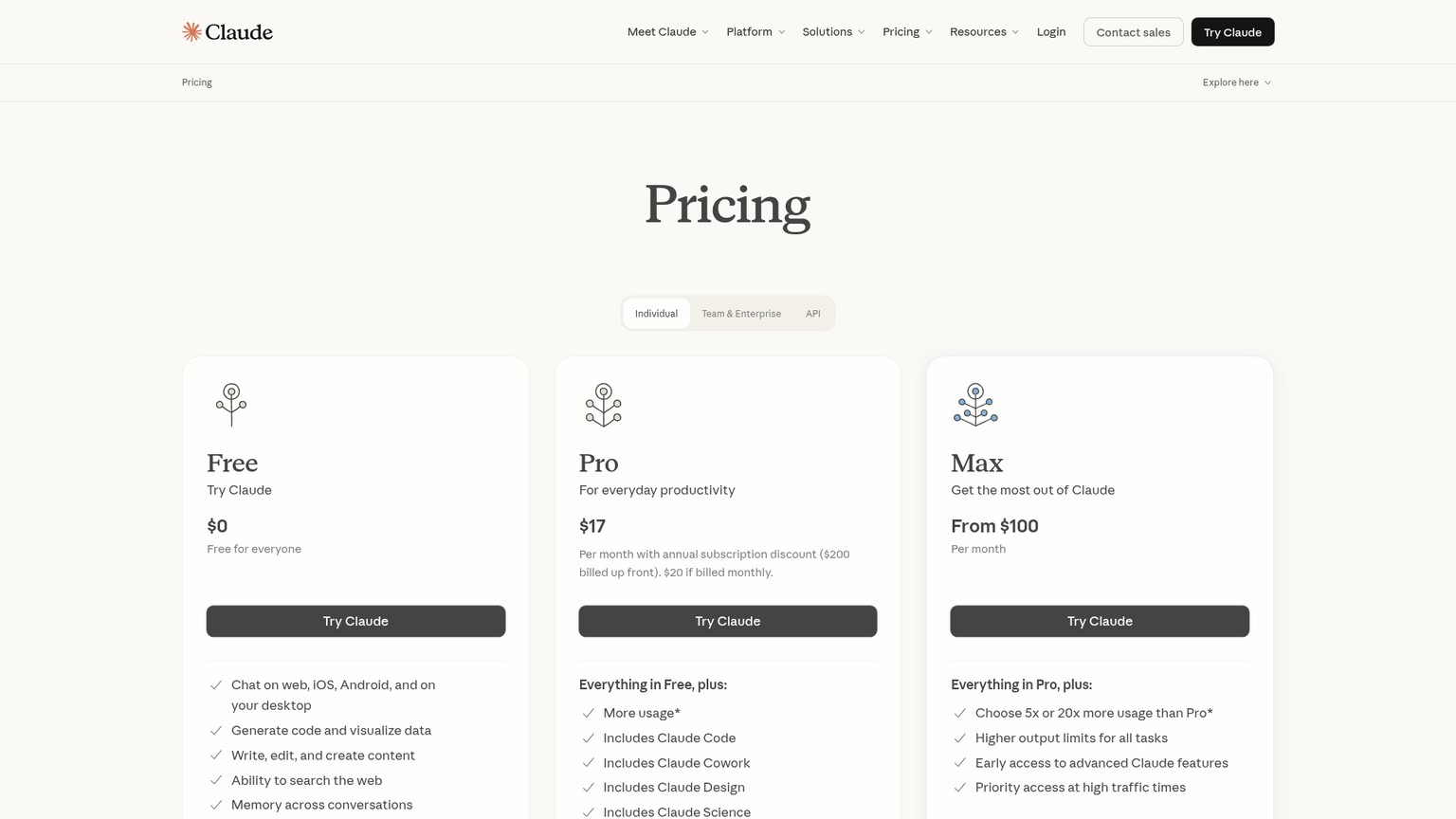 Claude pricing page showing Pro and Max plans
