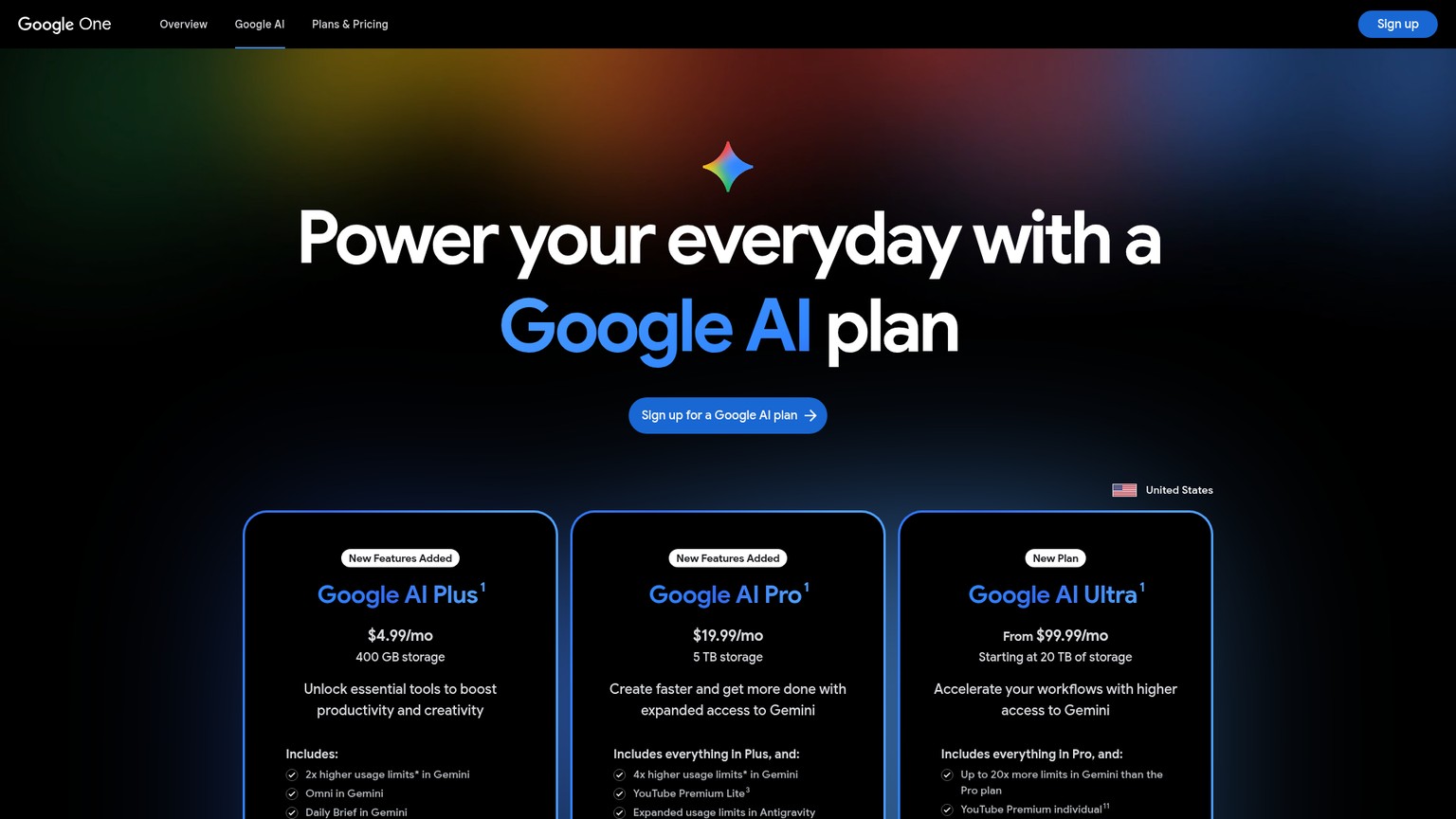 Google AI plans page showing Pro and Ultra pricing
