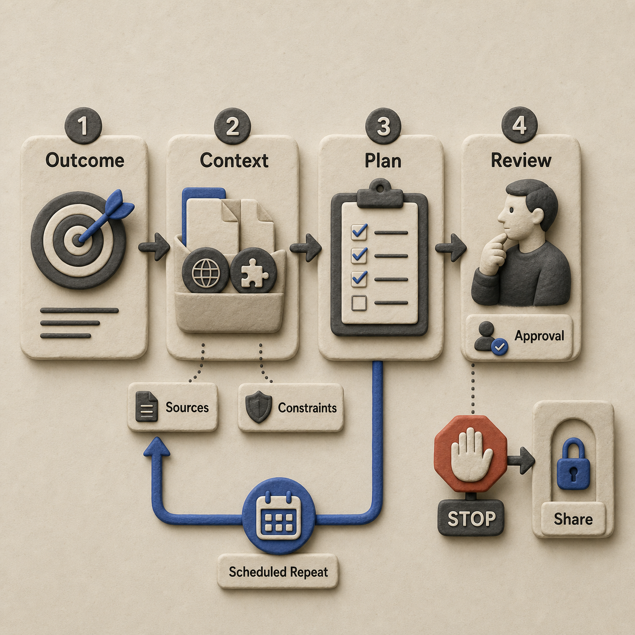 A four-stage safe delegation workflow from outcome to review
