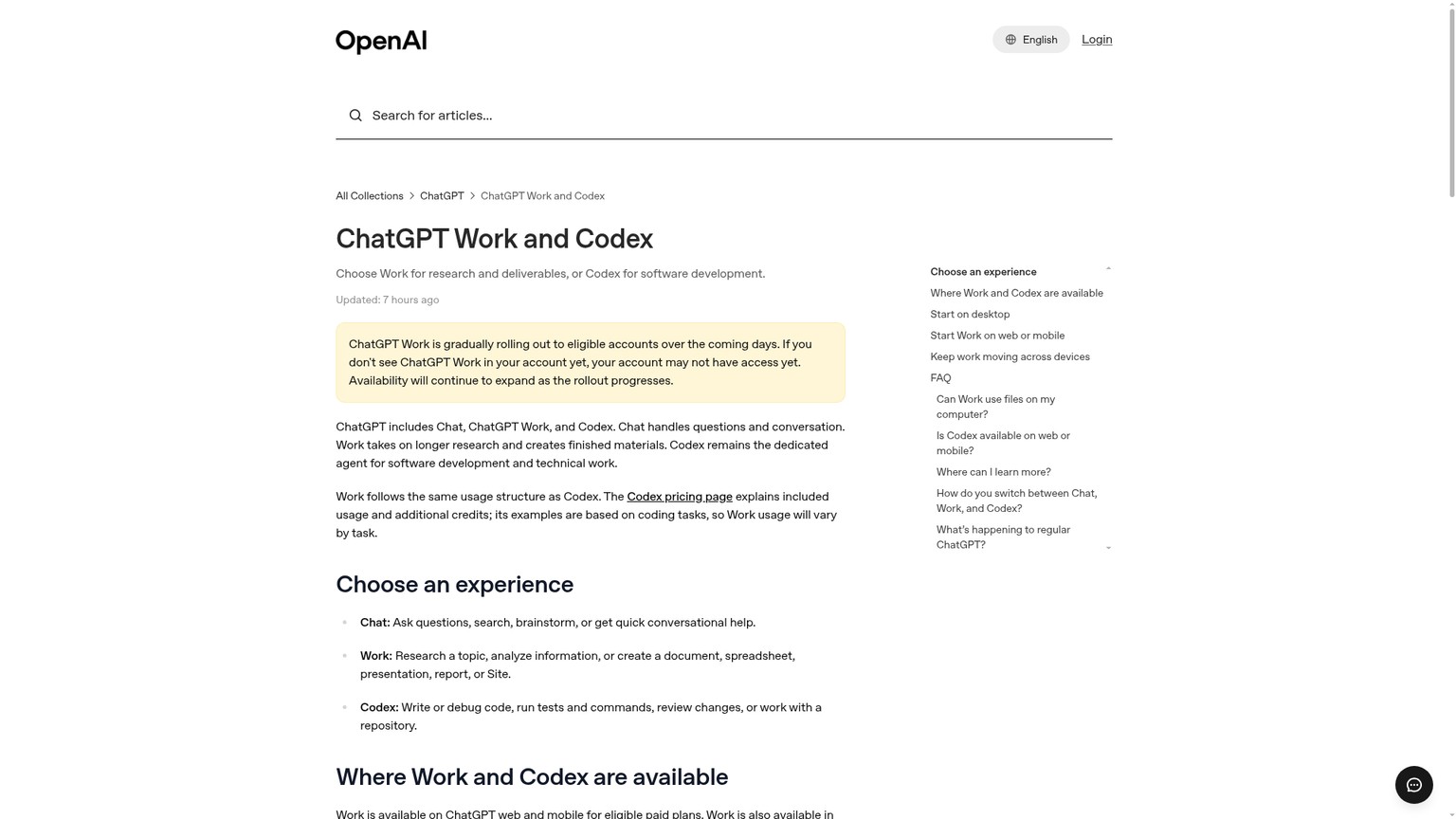 OpenAI Help page explaining ChatGPT Work and Codex