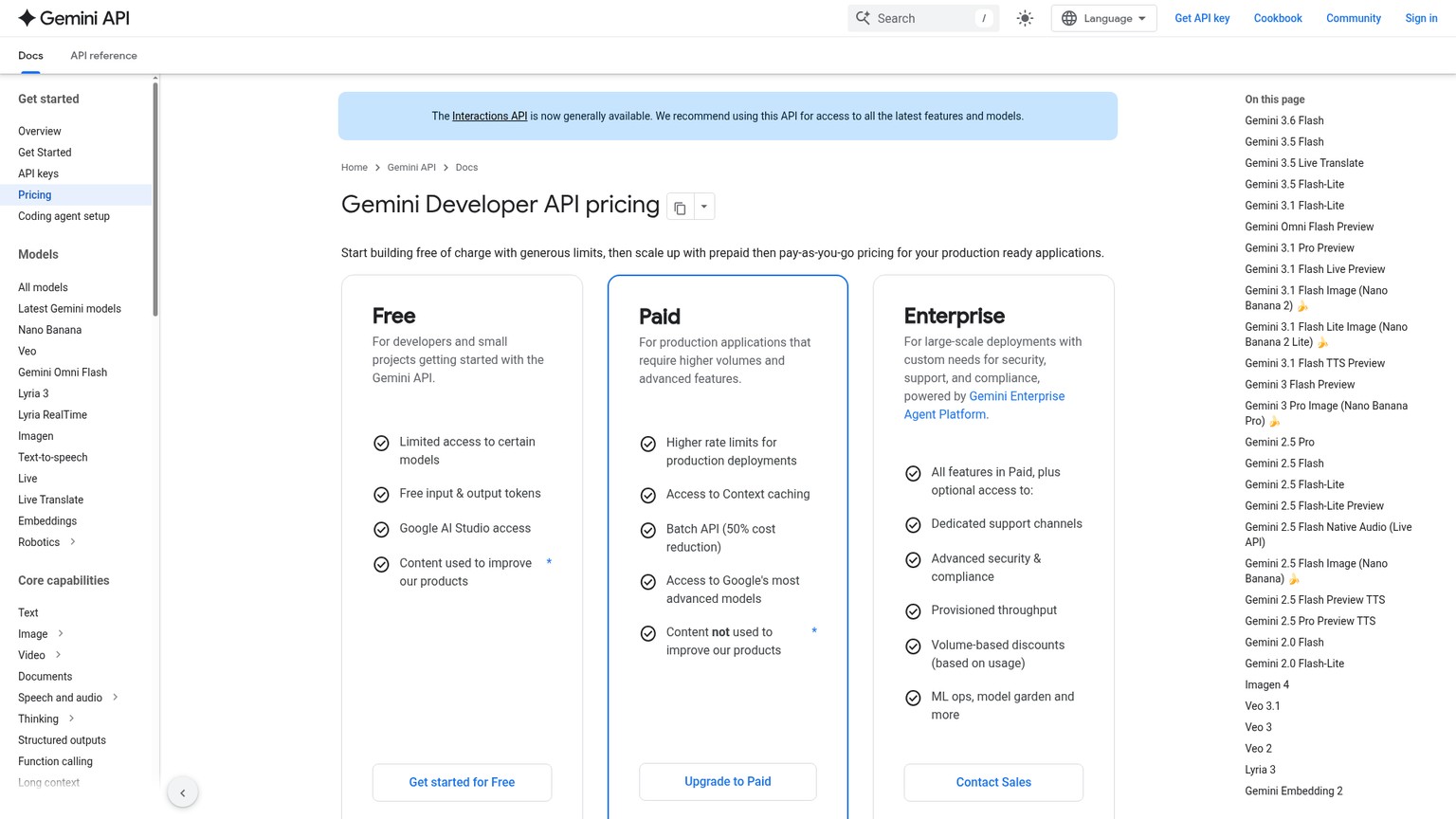 Google Gemini Developer API pricing page