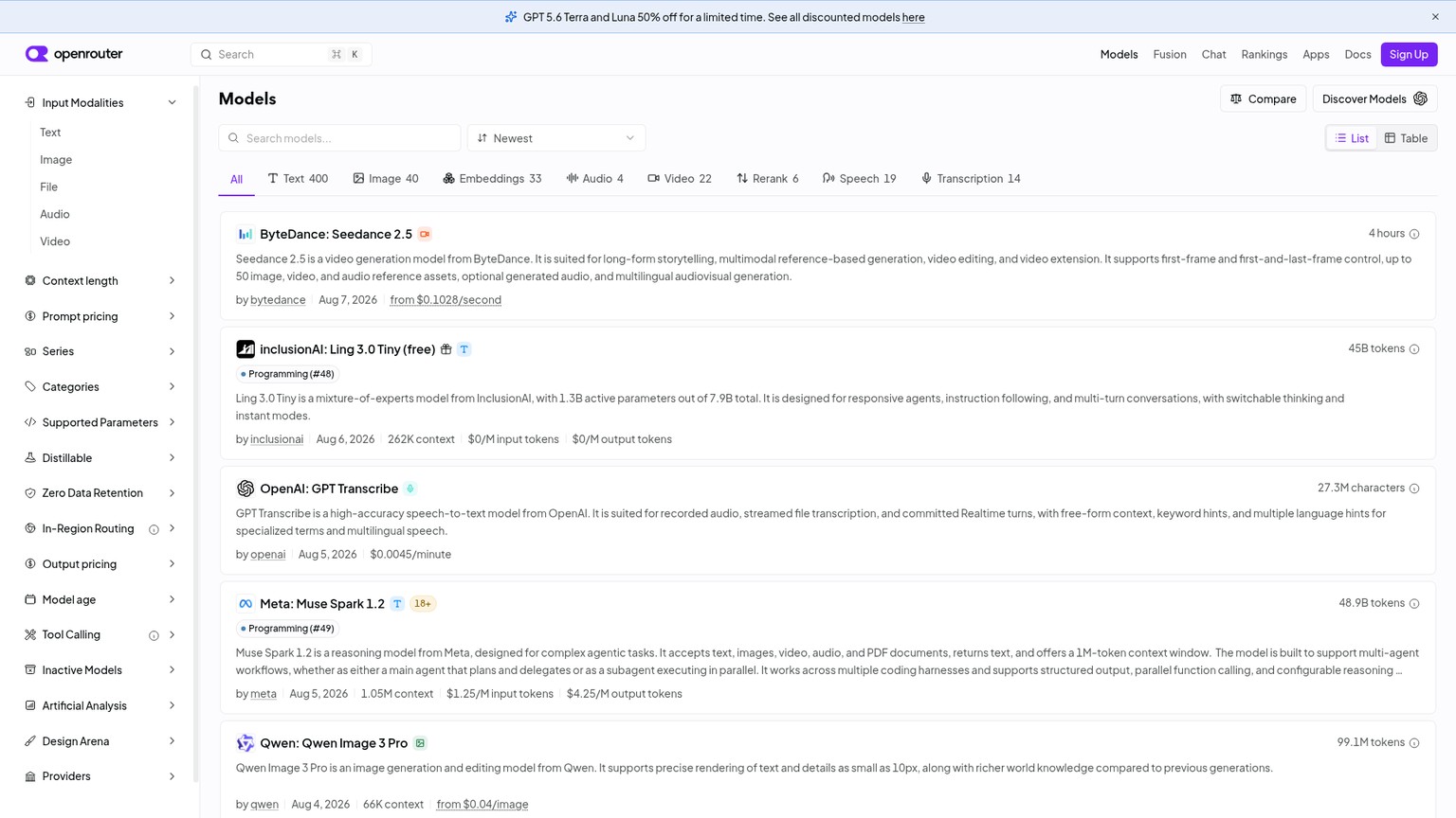 OpenRouter model catalog with live per-token prices