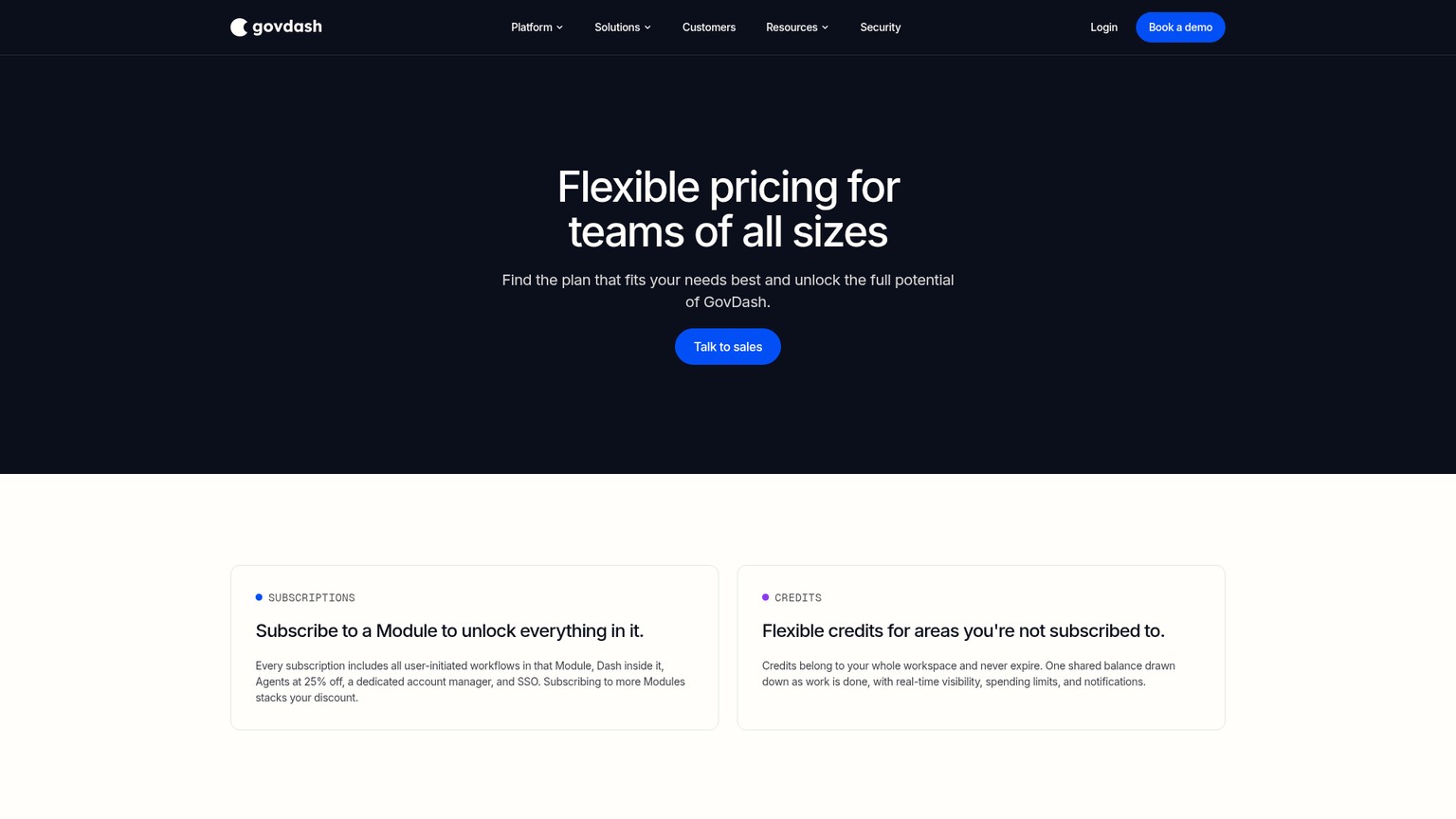 GovDash pricing page showing module subscriptions, shared credits, and the talk-to-sales form