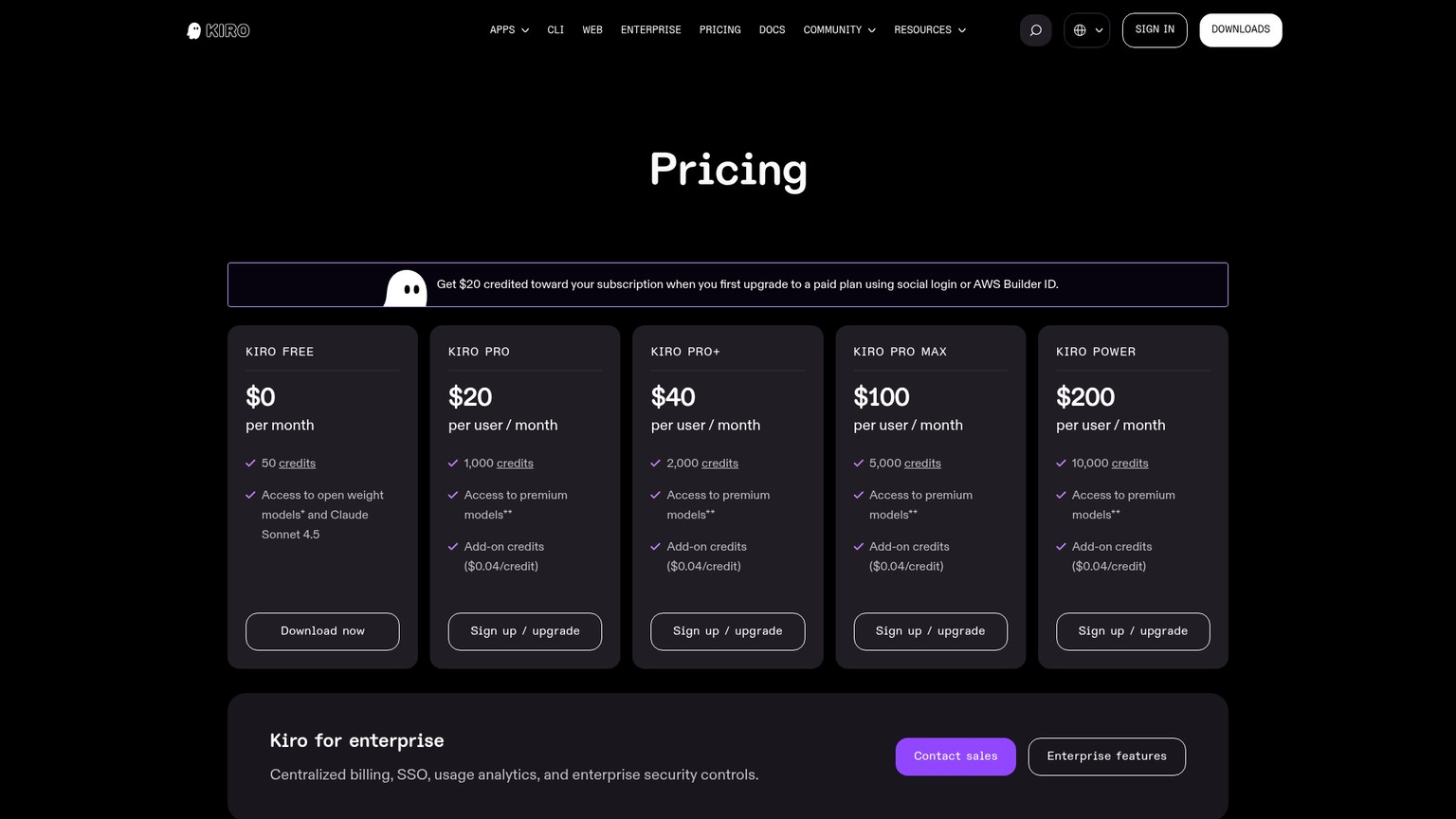 Kiro pricing page with monthly plans and included credits