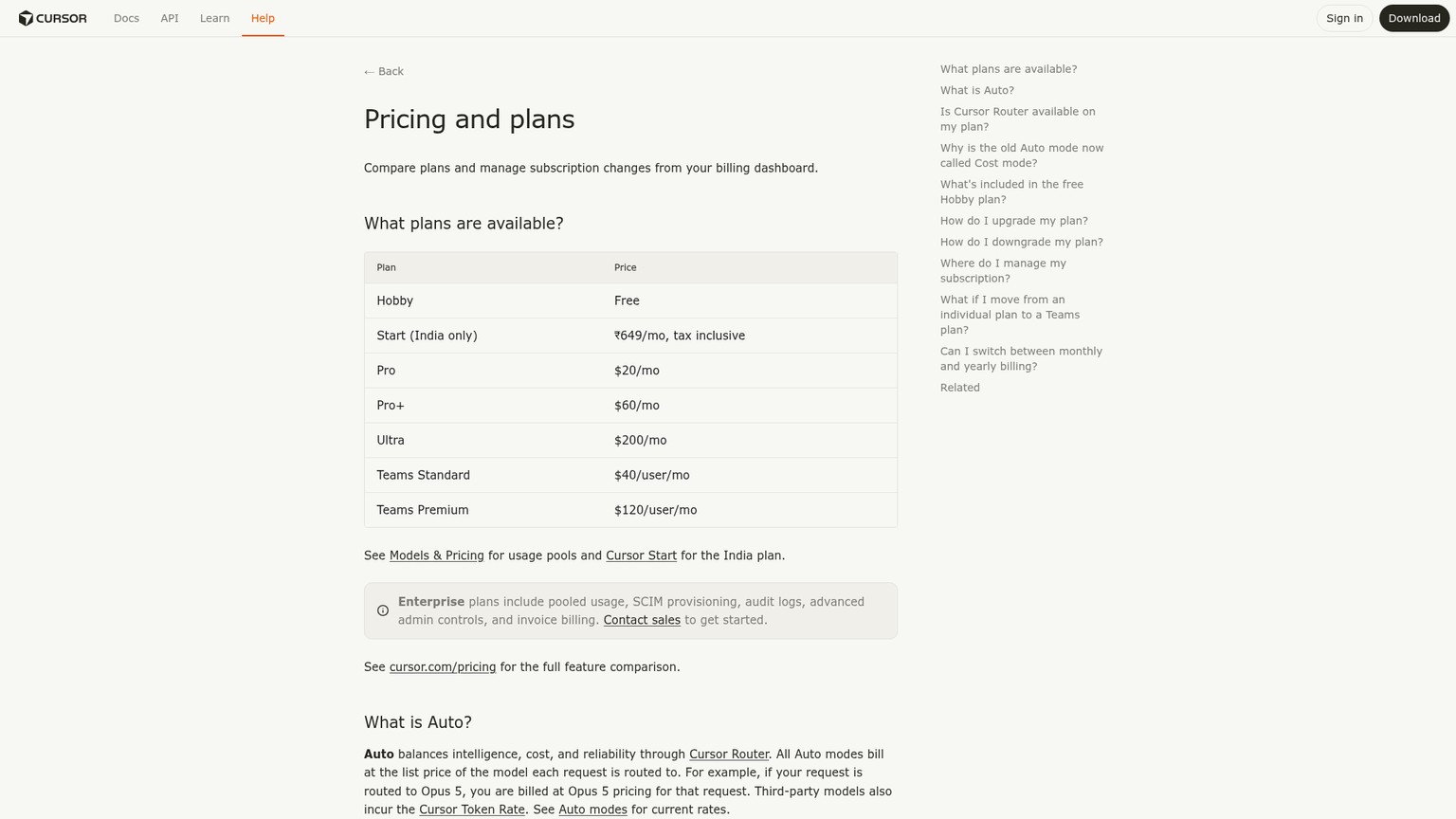 Cursor pricing page showing individual and team plans