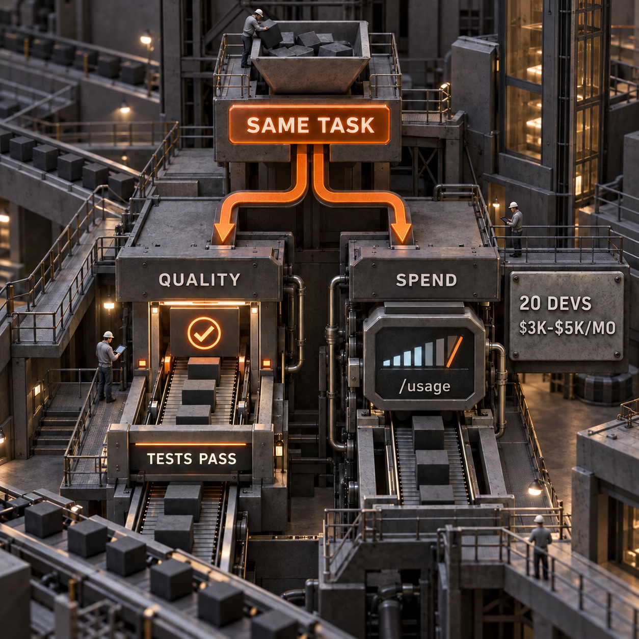 Architectural matched-run workflow splitting one coding task into quality and spend measurement tracks