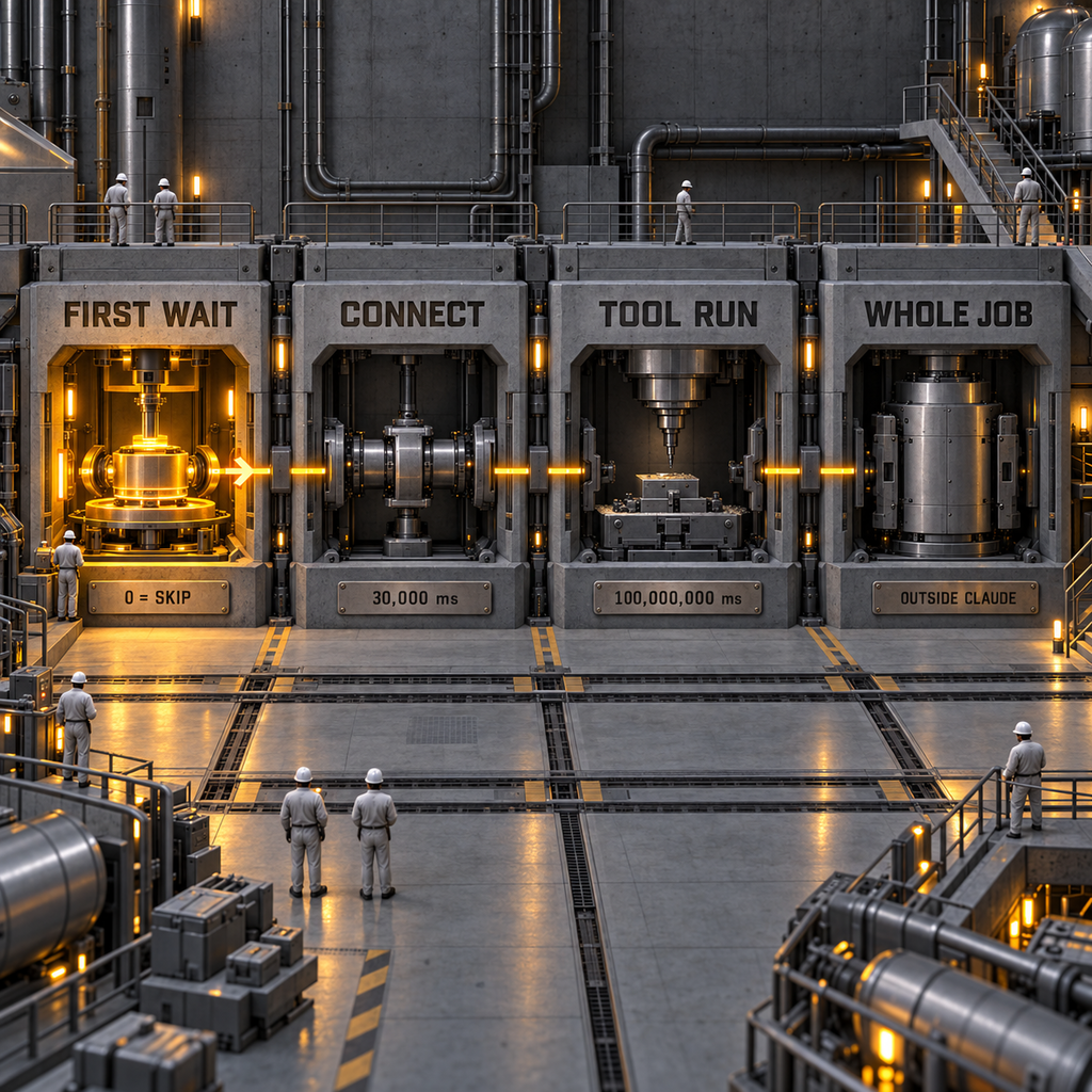 Four architectural timing bays compare first wait, connection, tool run, and whole job limits