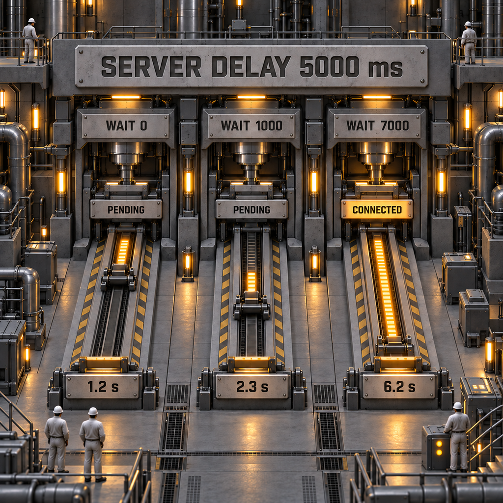Three architectural timing lanes show pending and connected states for a five-second slow MCP server