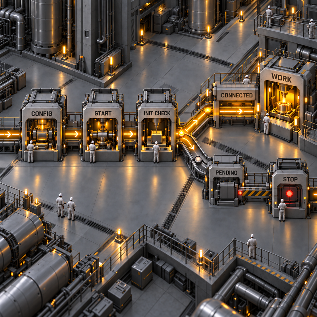 Architectural readiness flow branches from configuration and startup to connected work or pending stop