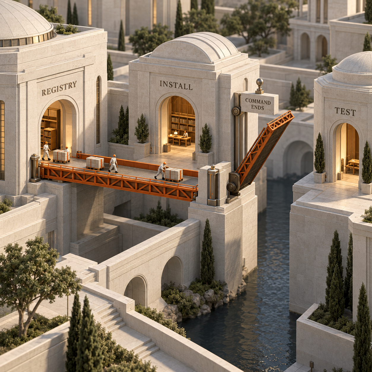 Architectural teaching model where a temporary bridge lets the install command reach the registry, then lifts before the test command