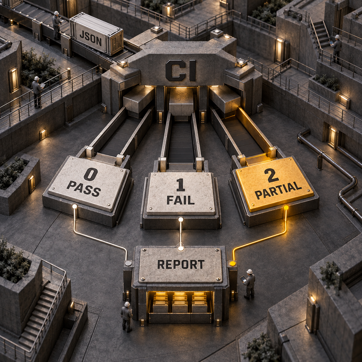 Architectural CI infographic routing an eval JSON report to pass, fail, and partial exit lanes