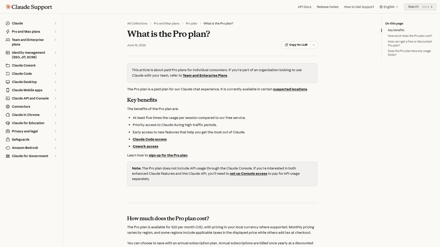 صفحة مركز مساعدة Anthropic تعرض سعر Claude Pro والوصول إلى Claude Code وحدود الاستخدام