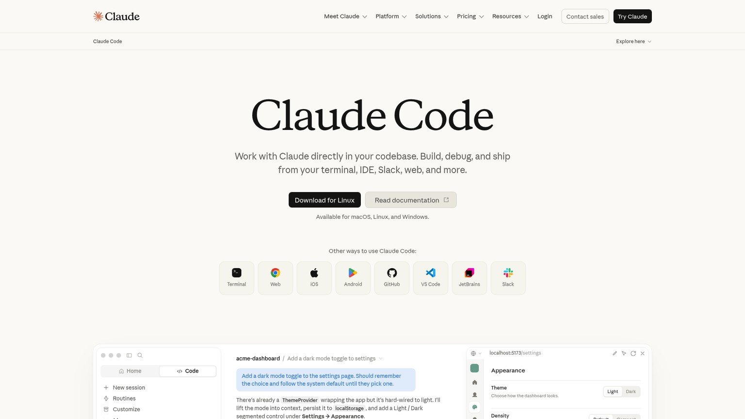 Claude Code product page showing its coding workflow and current plans