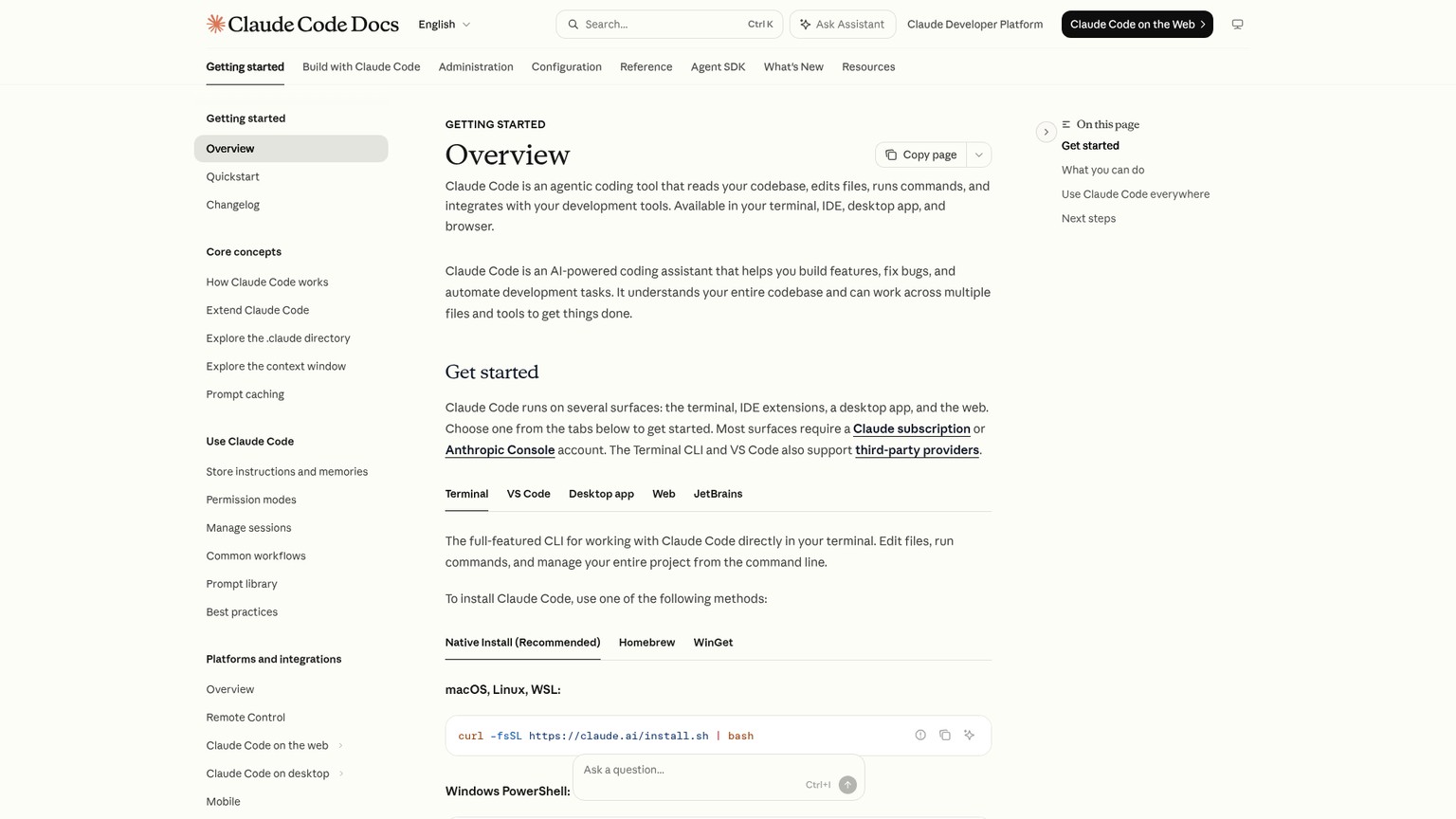 Claude Code documentation overview showing terminal, IDE, desktop, and web access