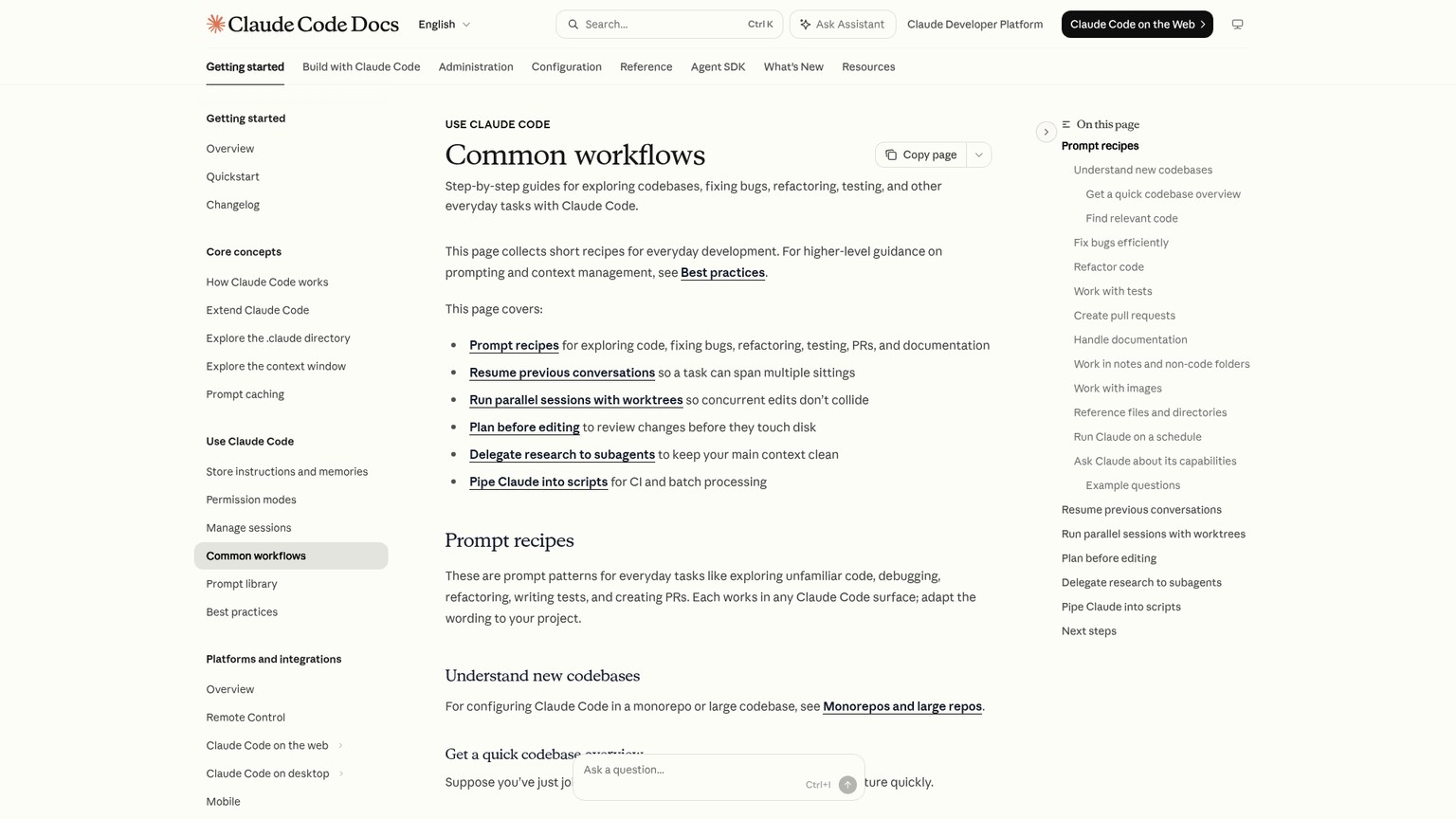 Claude Code common workflows documentation for debugging, refactoring, testing, and pull requests