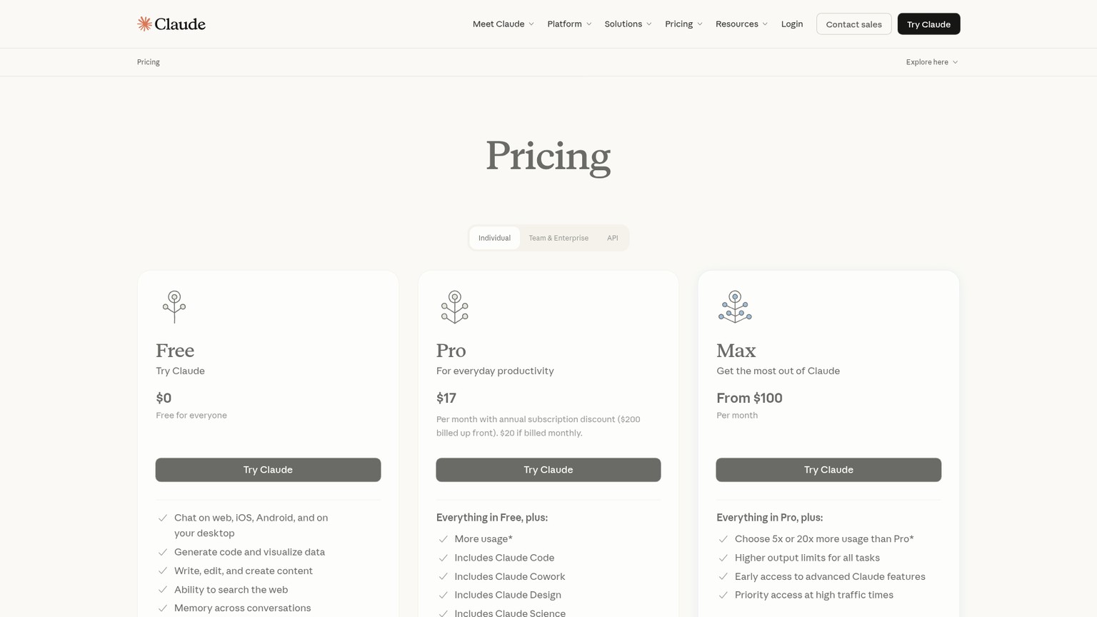 Claude pricing page with Free, Pro, Max, Team, Enterprise, and API rates