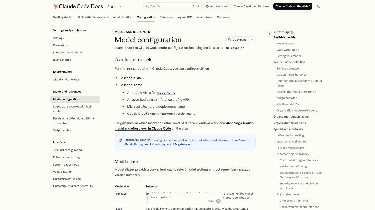 Claude Code model configuration documentation showing model families and provider mappings