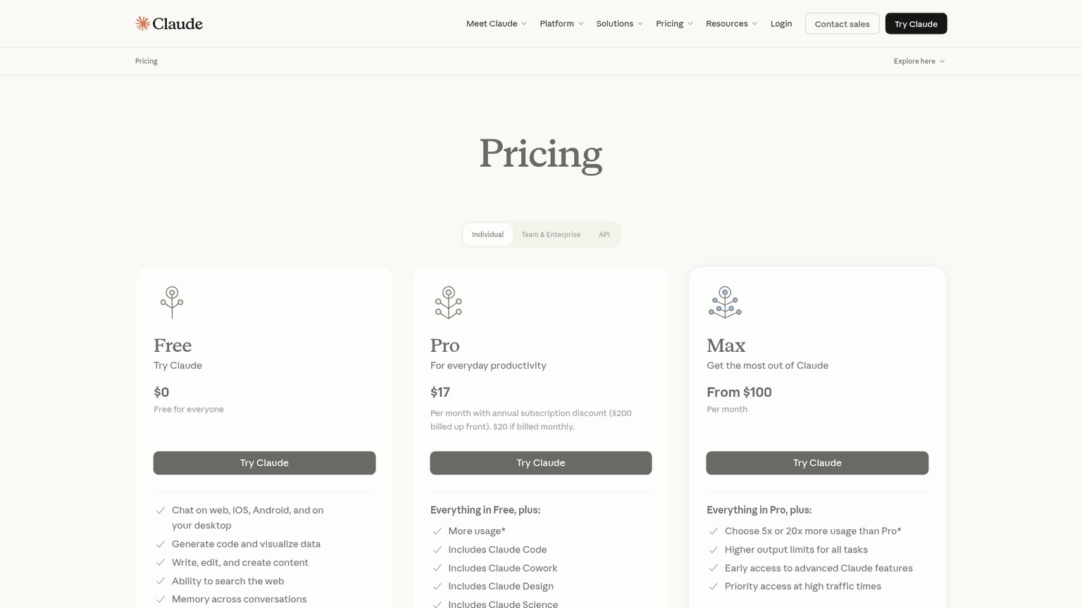 Claude pricing page with Team Standard and Premium options