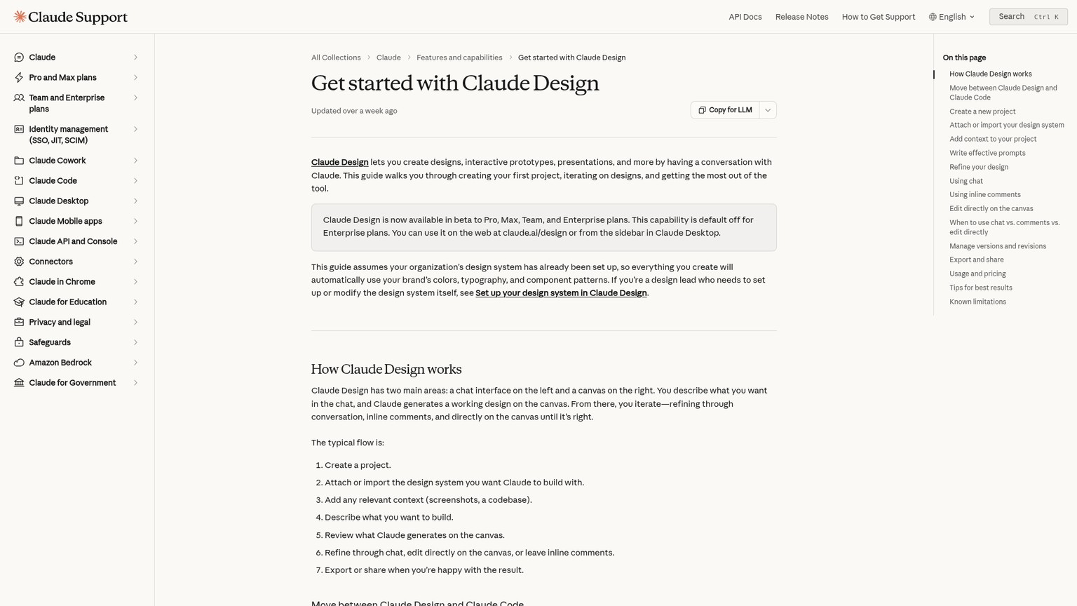 Official Claude Design help page showing the conversational canvas workflow