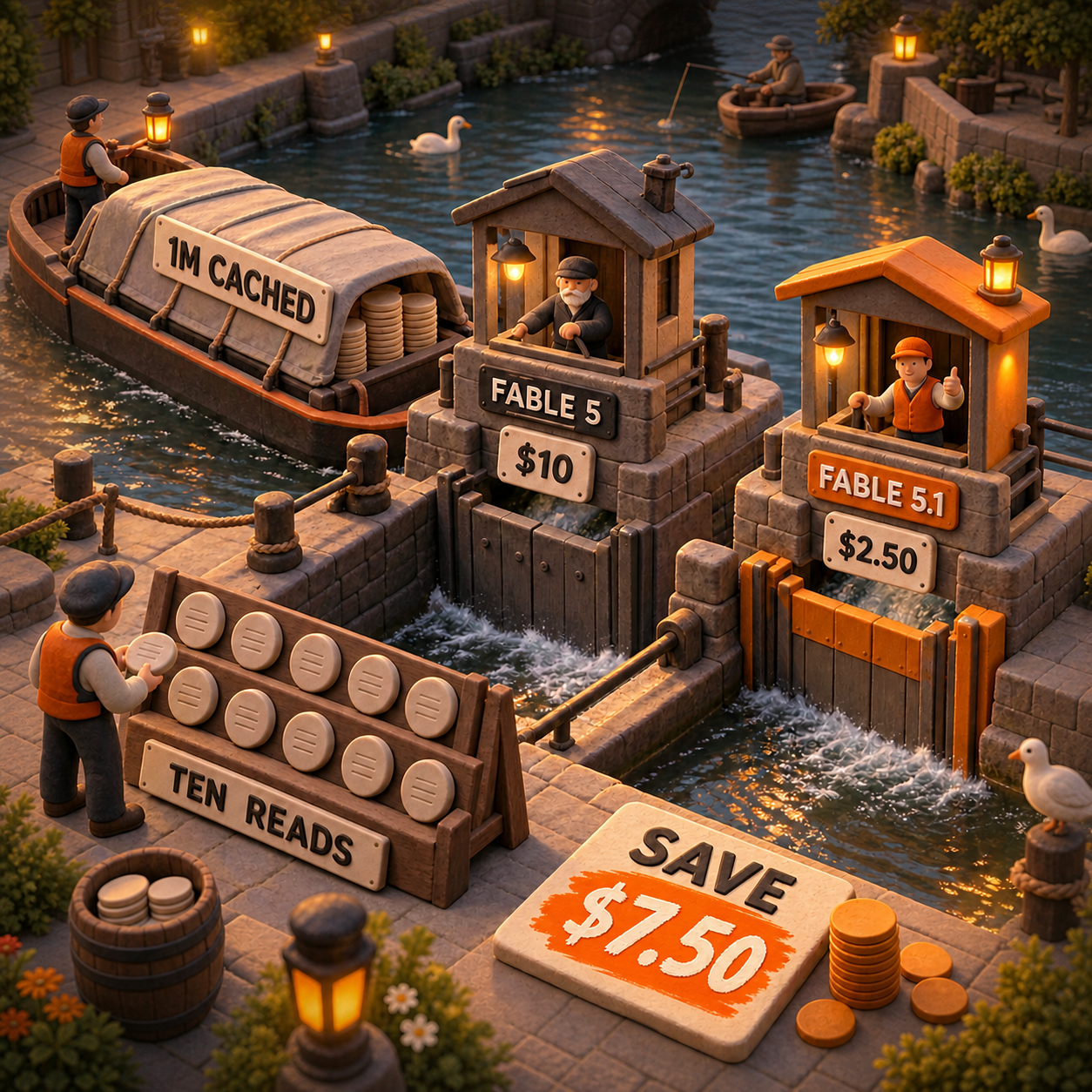 Clay canal-lock cost comparison showing ten reads of a one-million-token cached prefix costing ten dollars on Fable 5 and two dollars fifty on Fable 5.1