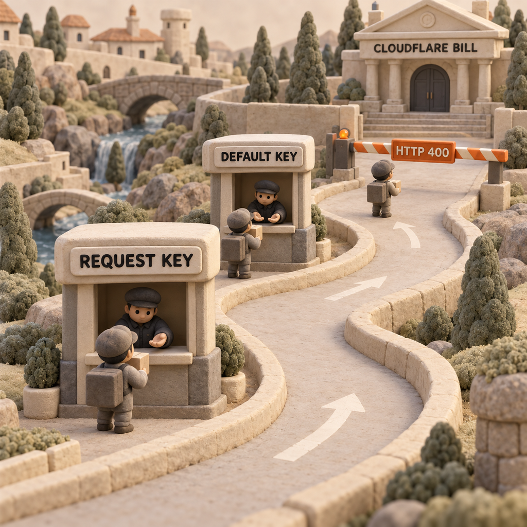 Clay teaching scene showing a request key, a stored default key, an HTTP 400 stop, and the blocked path to the Cloudflare bill