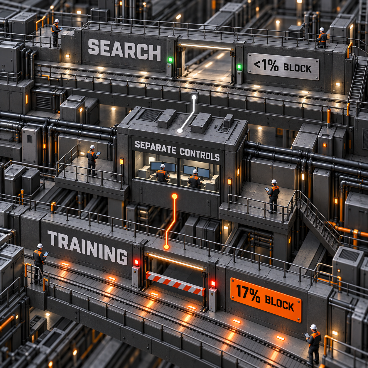 Architectural infographic comparing the share of Cloudflare sites that block search and training