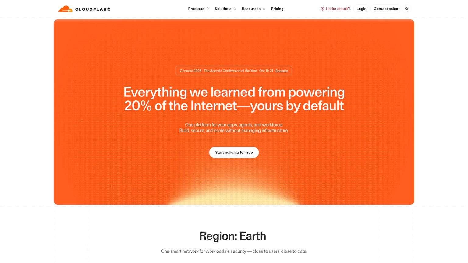 Cloudflare homepage presenting its connectivity cloud and developer platform