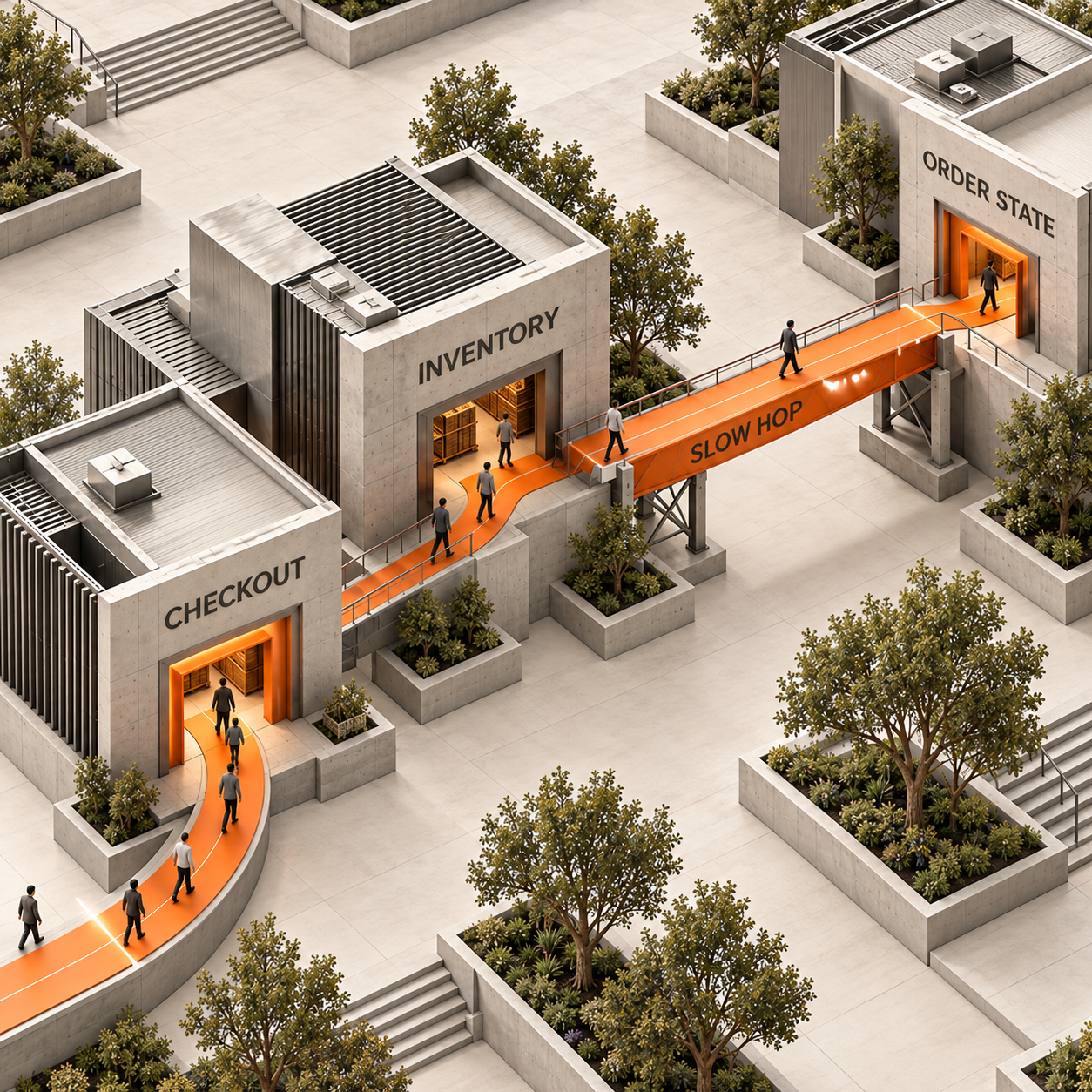 Architectural model showing a checkout request crossing a Worker, an inventory Worker, and an order Durable Object, with the slow hop highlighted