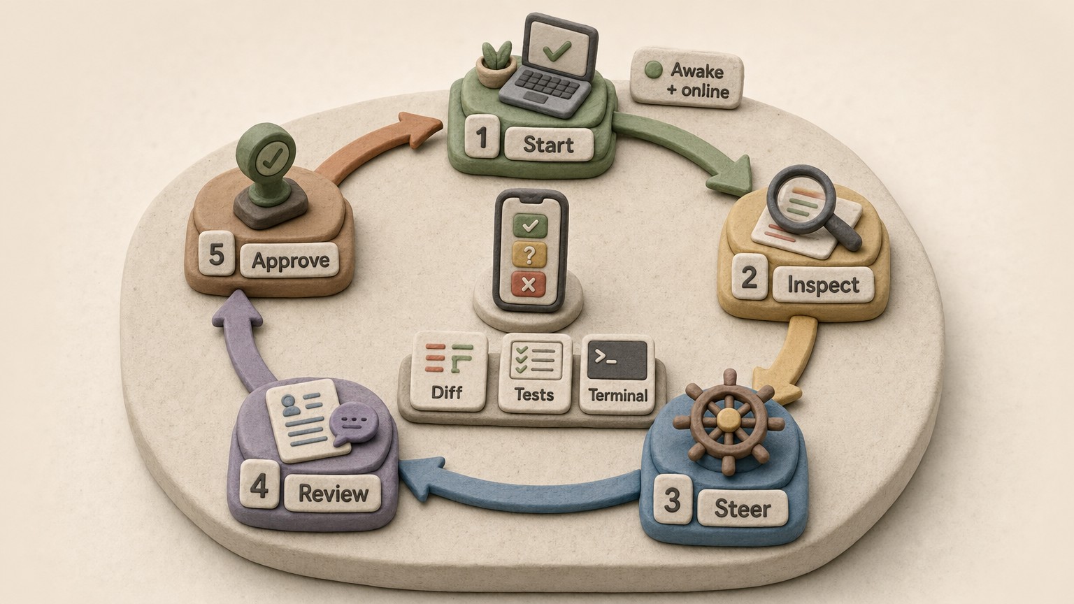 Five-stage Remote operating loop from starting a task through reviewing and approving the result