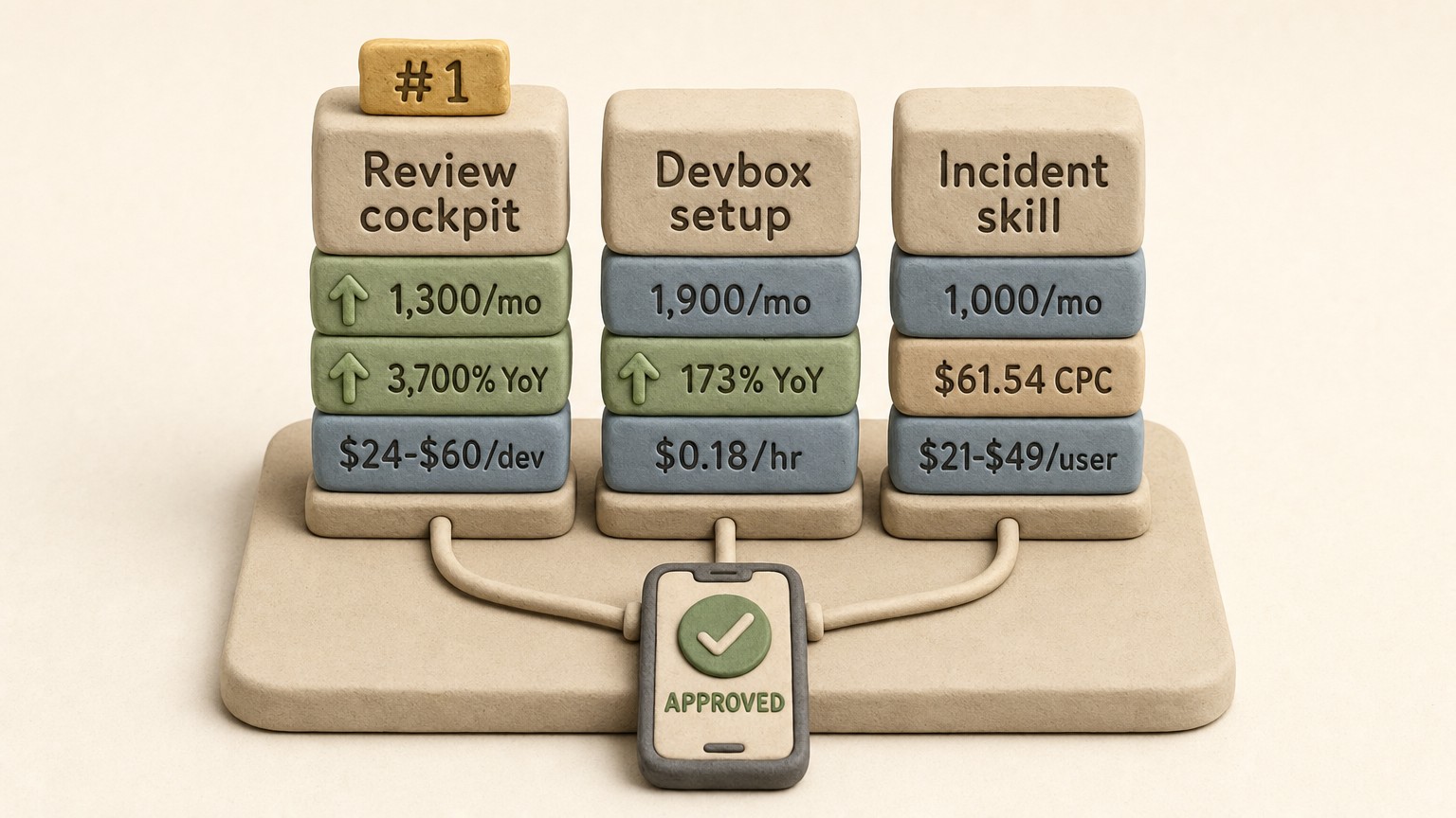 Opportunity scorecard comparing mobile code review, cloud devbox setup, and incident response products with demand and price data