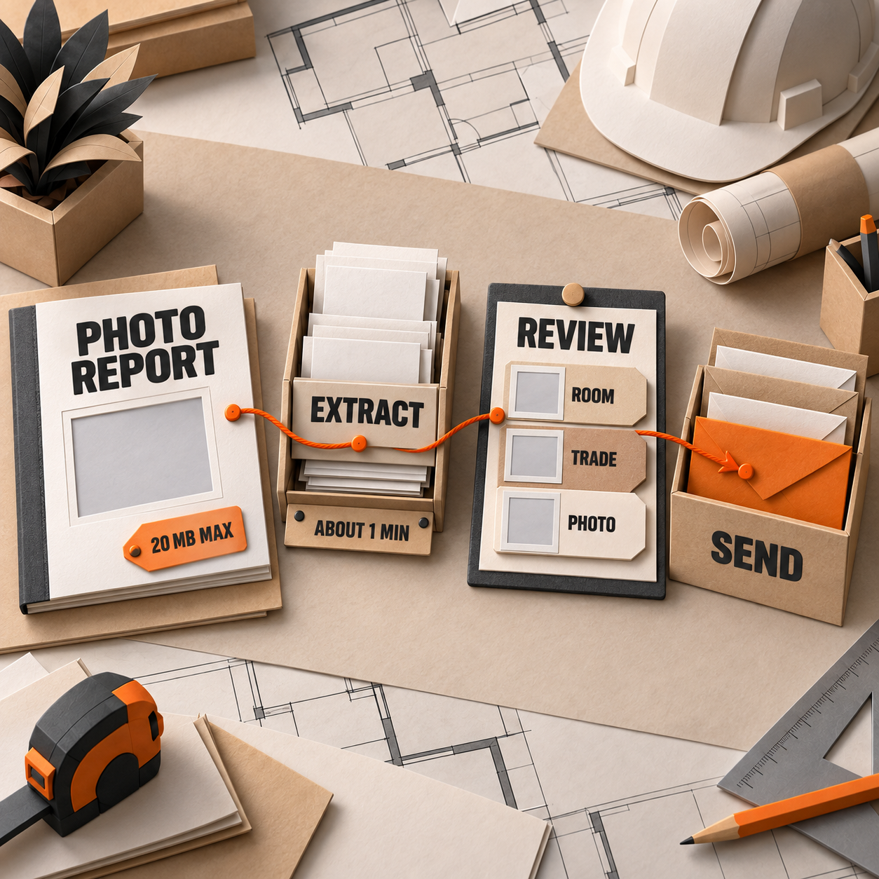 Paper-craft flow showing a photo-bearing inspection report becoming reviewed punch-list tasks and vendor packets
