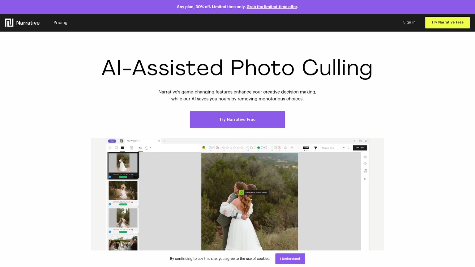 Narrative Select page showing AI-assisted face and scene review