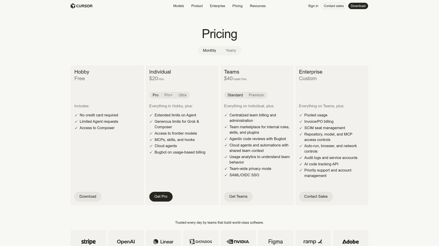 Cursor pricing page with Hobby, Pro, Pro Plus, Ultra, Teams, and Enterprise plans