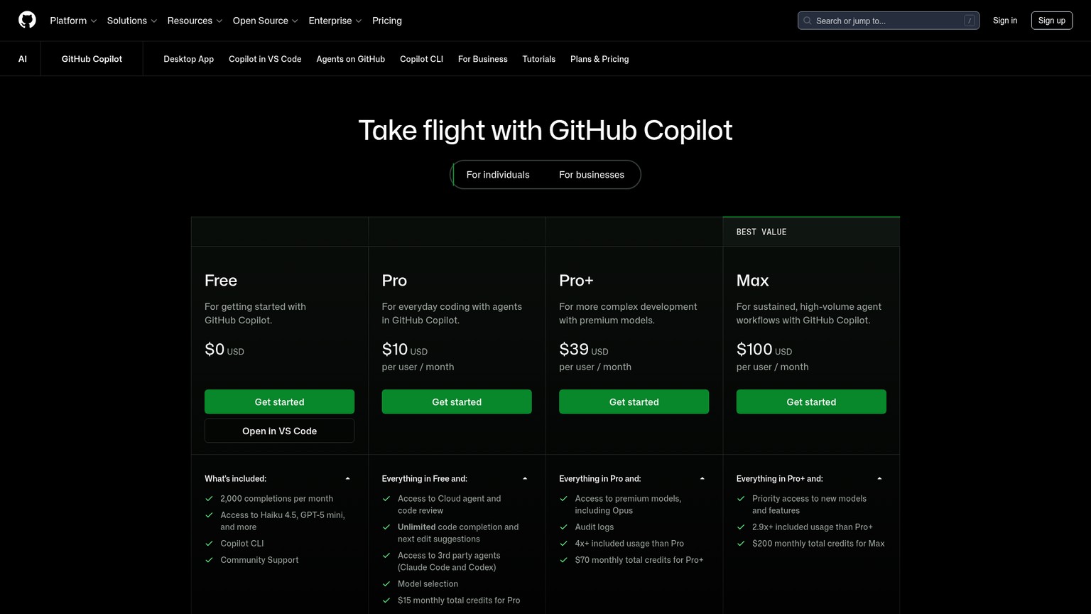 GitHub Copilot pricing page with Free, Pro, Pro Plus, and Max plans