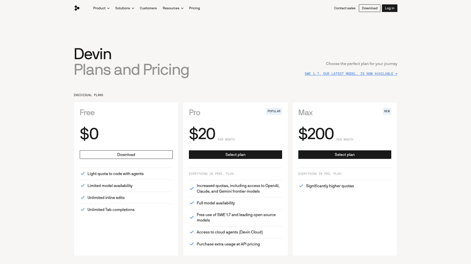 Devin Desktop pricing page showing Free, Pro, Max, Team, and Enterprise plans