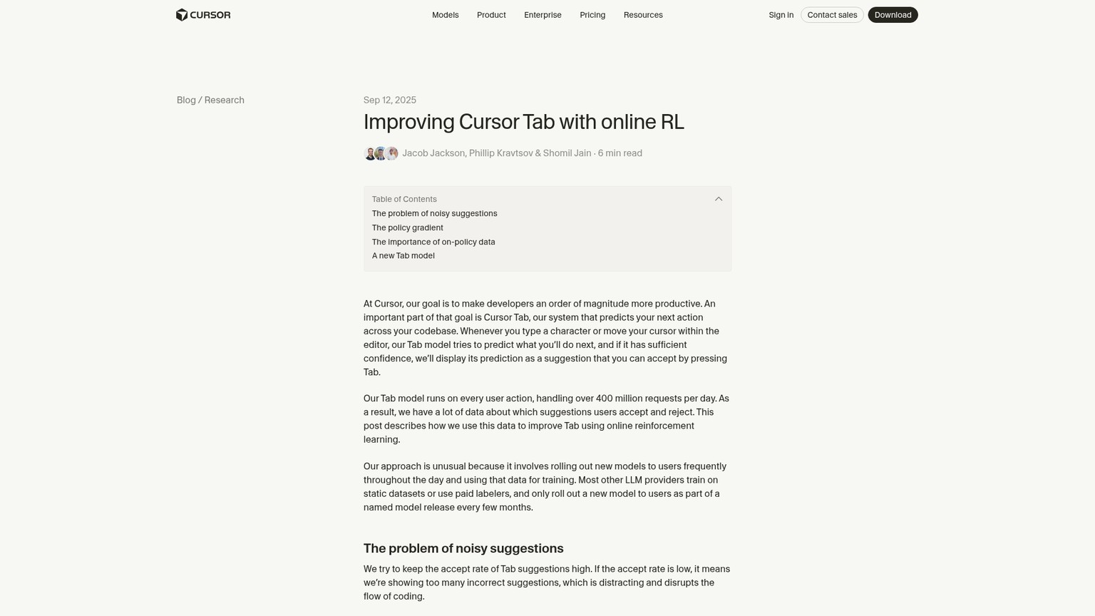 Cursor Tab research page explaining next-action prediction and a reported acceptance-rate improvement