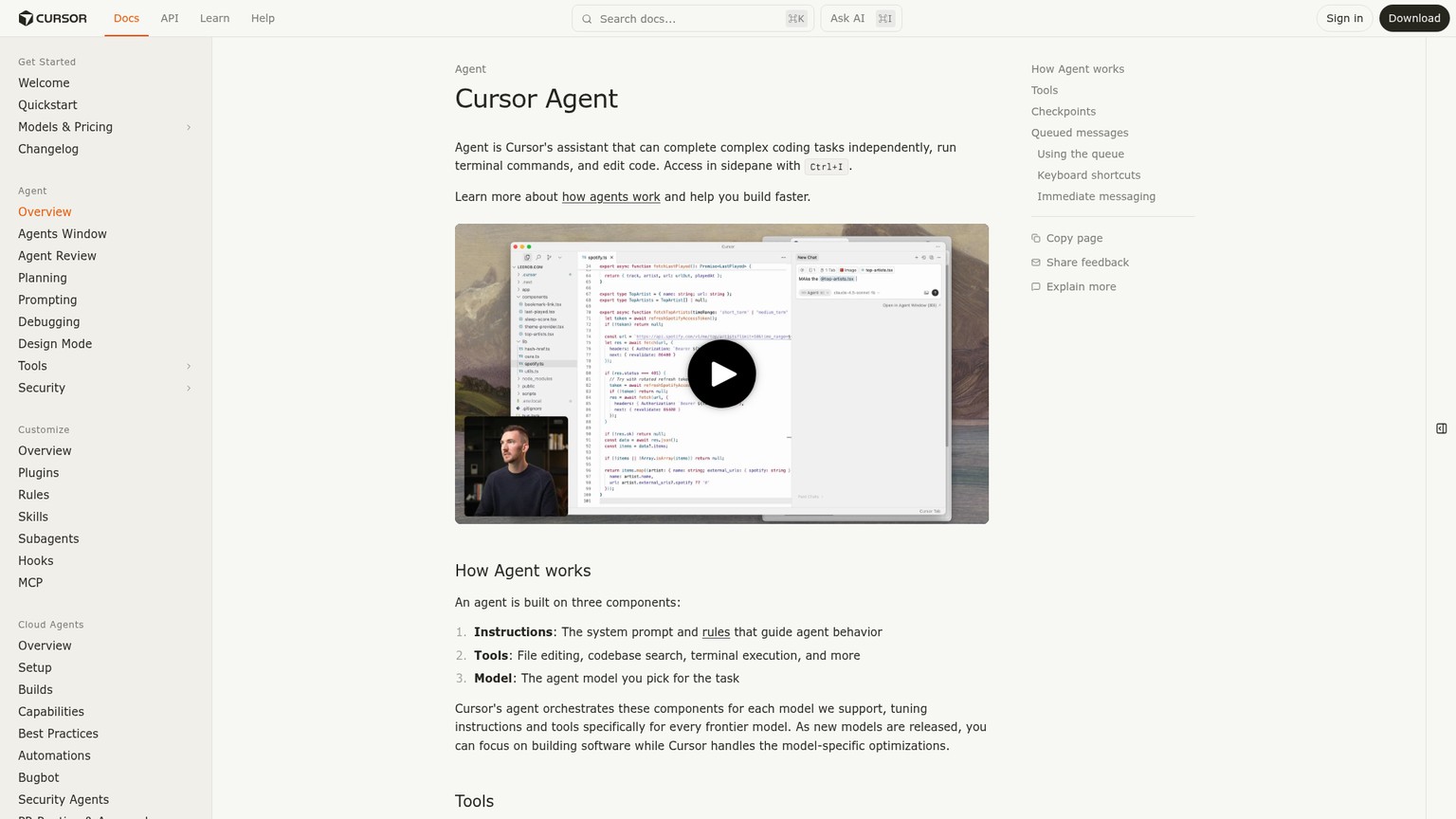 Cursor Agent documentation showing tools, checkpoints, and queued-message controls