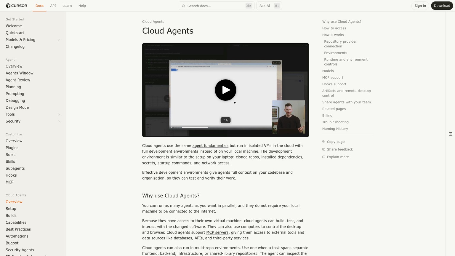 Cursor Cloud Agents documentation showing isolated VM workflows, launch surfaces, and artifacts
