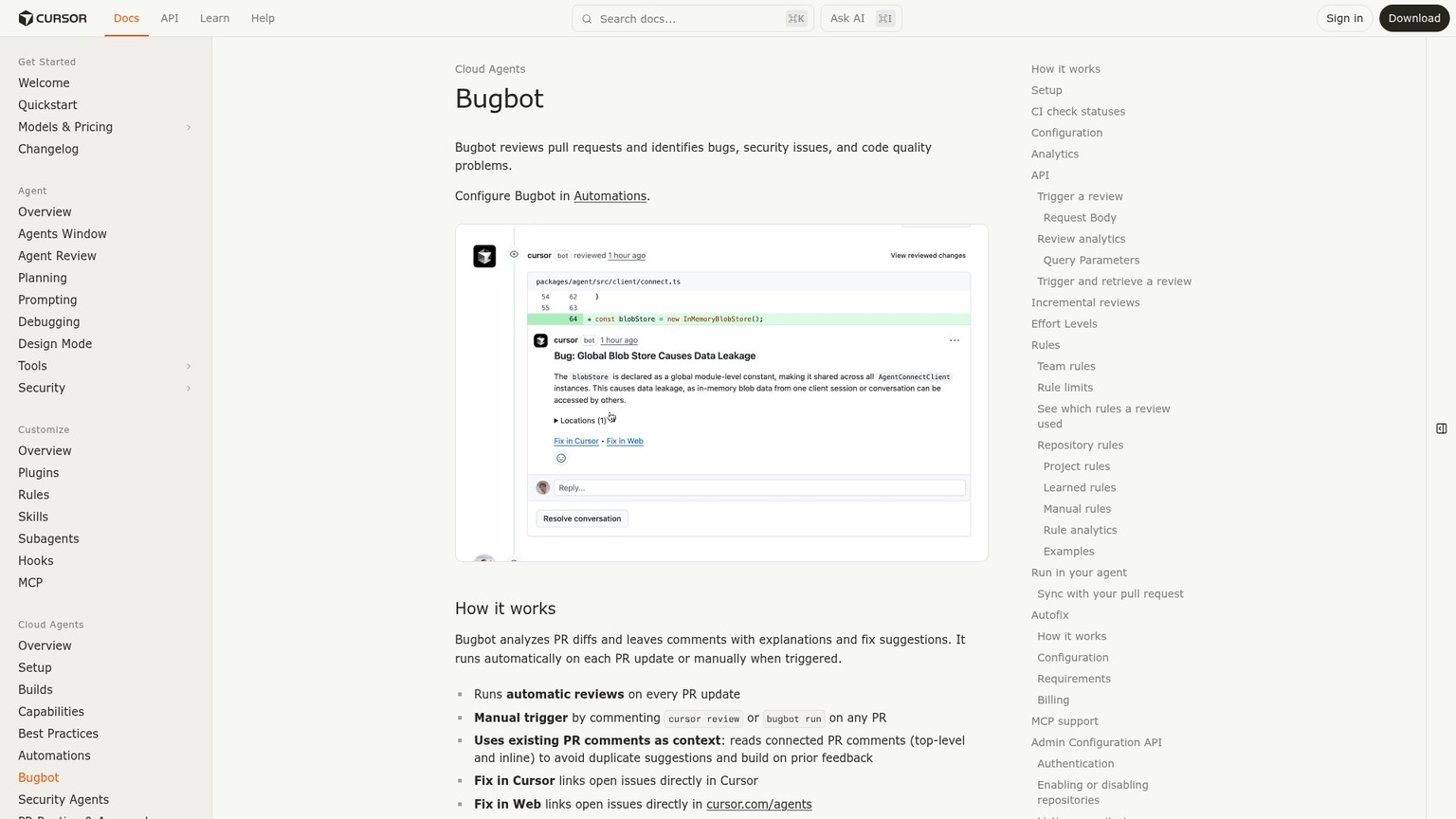 Cursor Bugbot documentation showing PR reviews, repository rules, Autofix, and billing