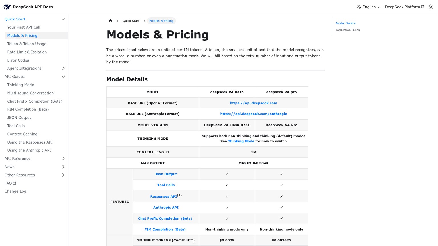 DeepSeek live API pricing page showing V4 Flash and V4 Pro rates