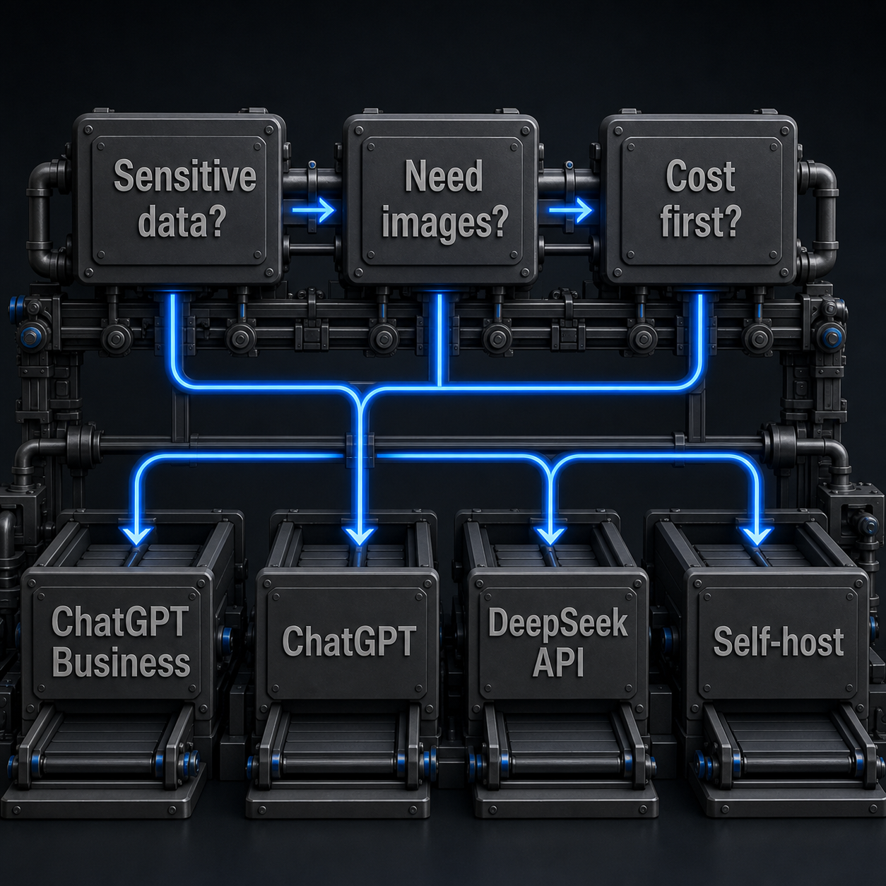 Decision flow routing sensitive data, image work, and cost-first text workloads to ChatGPT Business, ChatGPT, DeepSeek API, or self-hosted DeepSeek