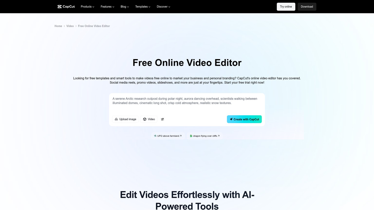 CapCut free online video editor page