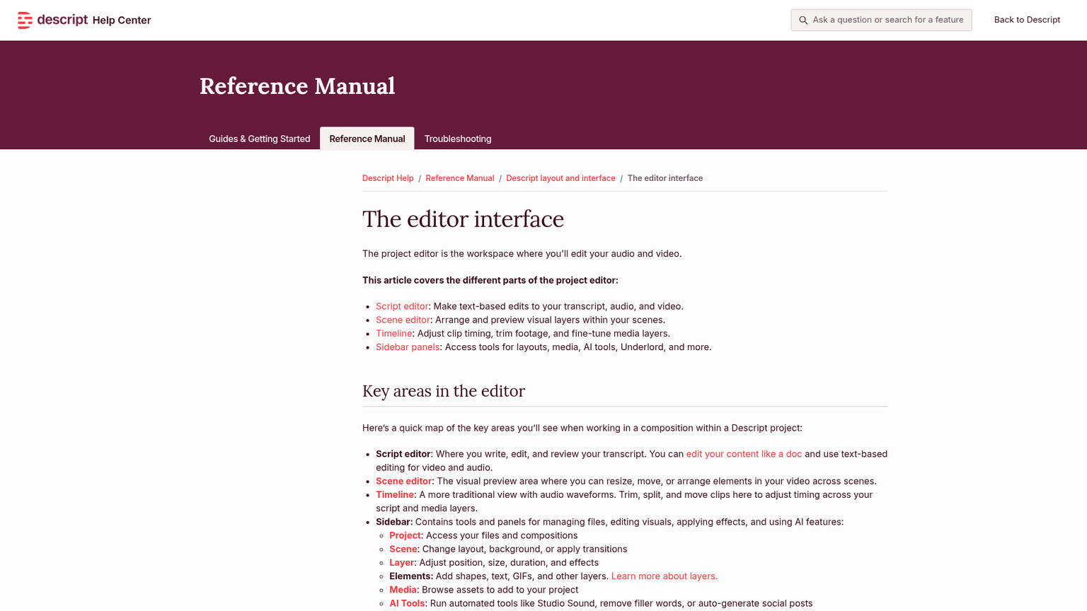 Descript public editor interface guide showing script scene and timeline areas